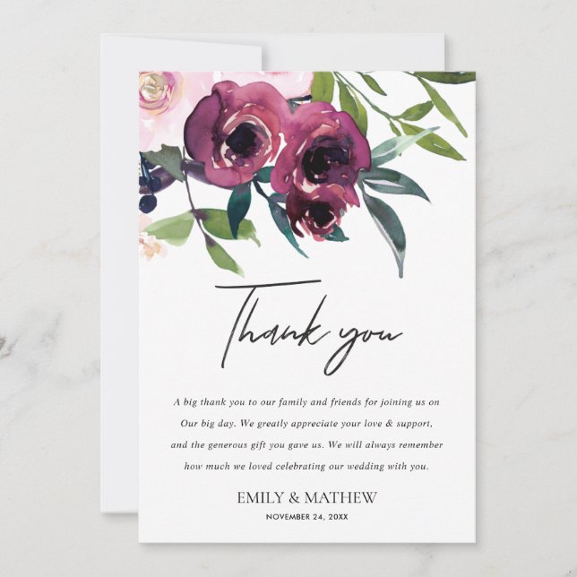 INVITATION MERCI MARIAGE BLANC BLANC BURGUNDY FLORA BUNCH (Devant)