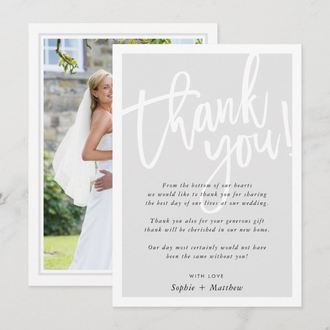 Invitation MERCI mariage brush écriture script gris pâle (Devant / Derrière)