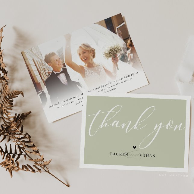 Invitation MERCI mariage photo élégant noir sauge vert (Créateur téléchargé)