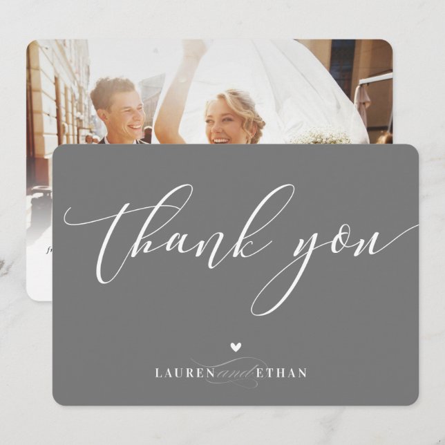 Invitation MERCI mariage photo élégante calligraphie gris (Devant / Derrière)