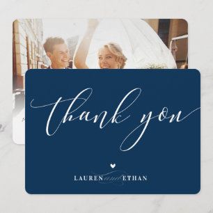 Invitation MERCI mariage photo élégants noms bleu foncé