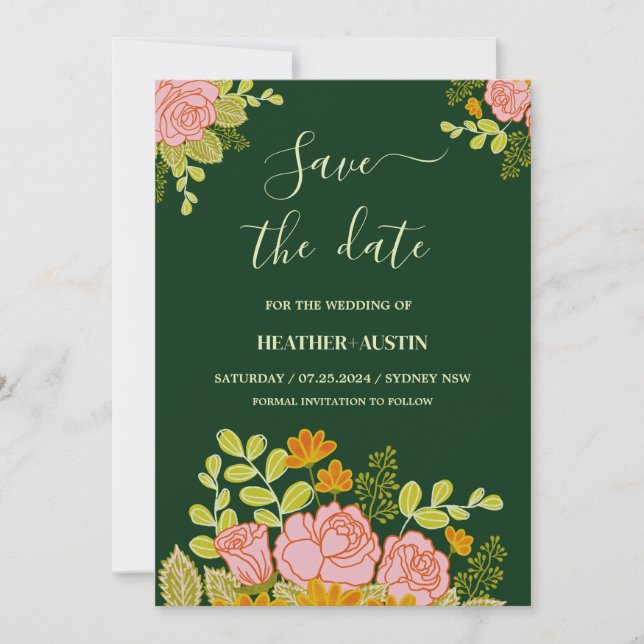 Invitation Merci Mariage vert foncé floral (Devant)