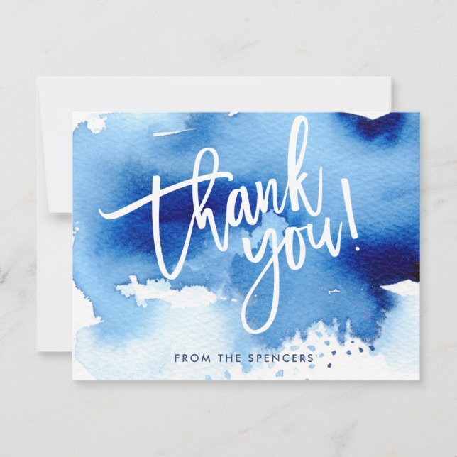 Invitation MERCI NOTE aquarelle bleu foncé lettrée main (Devant)