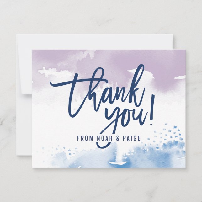 Invitation MERCI NOTE couleur d'aquarelle bleu violet manuscr (Devant)