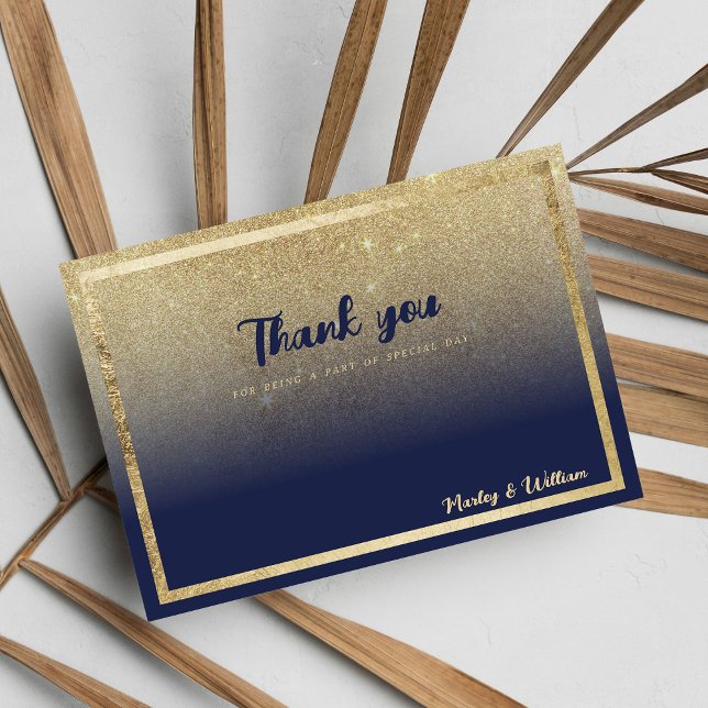 Invitation Merci pailleté ombré or et bleu marine de luxe (Luxury navy blue gold ombre glitter Thank You)