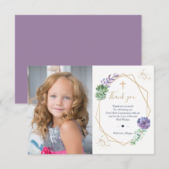 Invitation Merci photo de la première communion pourpre Succu (Devant / Derrière)