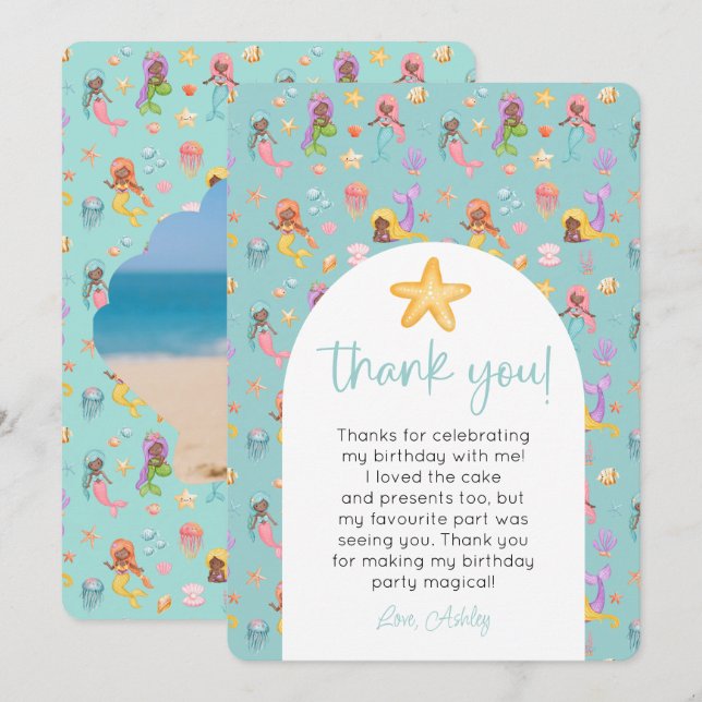 Invitation Merci photo de l'anniversaire de la Sirène (Devant / Derrière)
