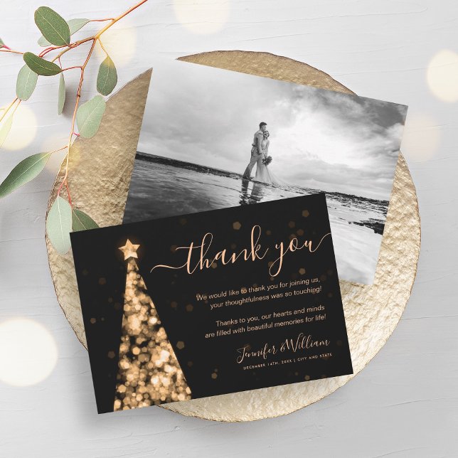 Invitation Merci photo Mariage d'or Festif Tree (Festive Tree Gold Wedding Photo Thank You Invitation)