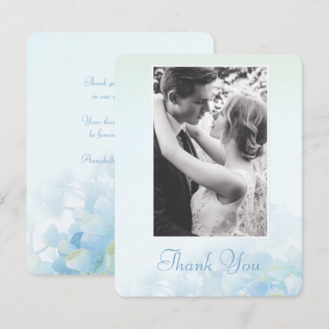 Invitation Merci photo mariage hydrangea bleu vert (Devant / Derrière)