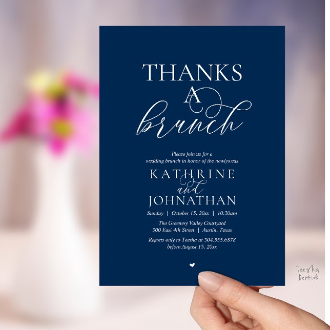 Invitation Merci pour un brunch, mariage moderne et élégant (Thanks A Brunch, Modern Classy Wedding Invitation Card in Navy Blue )