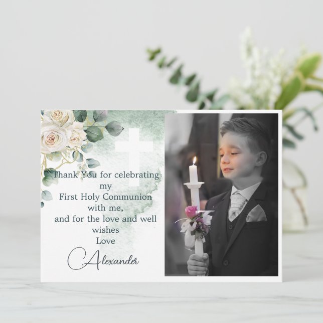 Invitation Merci religieux Photo Gold Roses Vert (Debout devant)