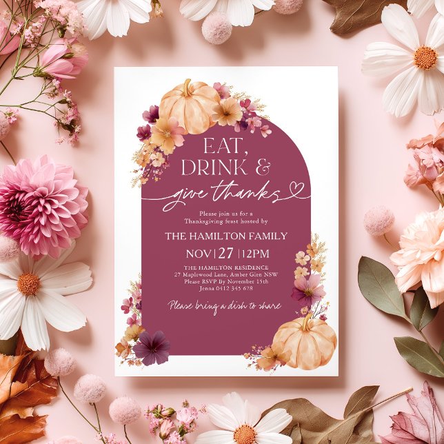 Invitation Merci Thanksgiving Floral Citrouille (Eat, Drink and Give Thanks | Thanksgiving Dinner Invitation | Fall floral design with pumpkins)