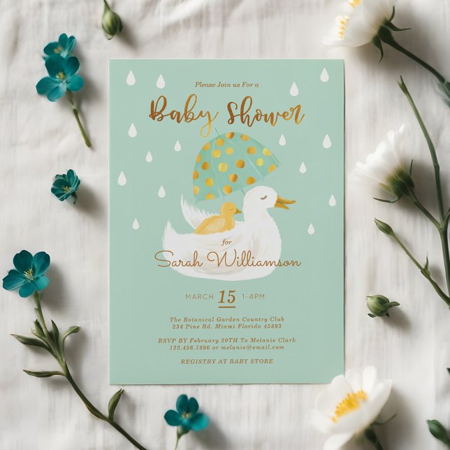 Invitation Mère & Bébé Jaune Ducky Umbrella Mint Green (Mother & Baby Yellow Ducky Umbrella Mint Green Invitation)