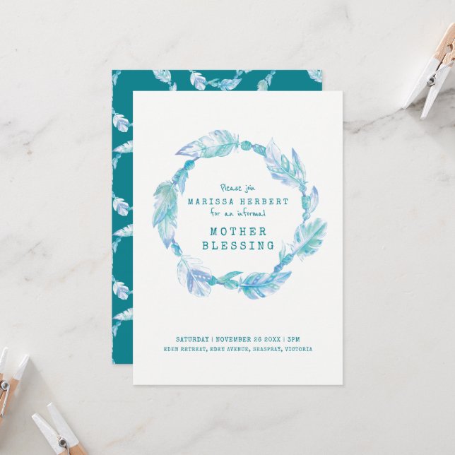 Invitation Mère bénir la plume et les perles turquoise aqua a (Devant/Arrière en situation)