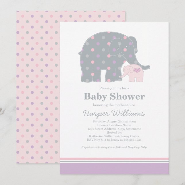Invitation Mère Eléphant Baby shower de points rose et pourpr (Devant / Derrière)