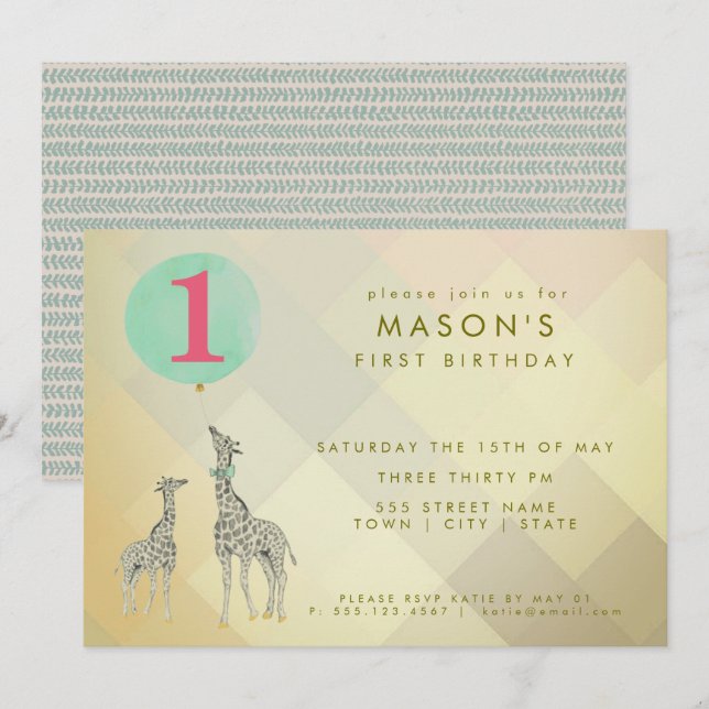 INVITATION MÈRE ET BÉBÉ GIRAFFE & BALLOON| ANNIVERSAIRE (Devant / Derrière)