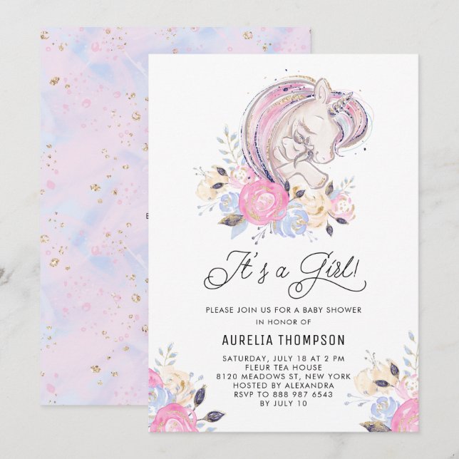 Invitation Mère et bébé licorne C'est un Baby shower de fille (Devant / Derrière)