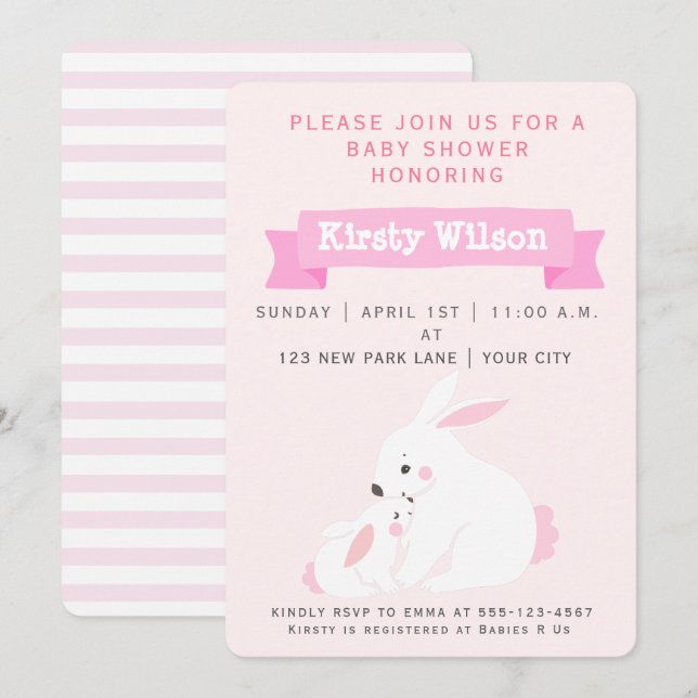 Invitation Mère mignonne et petite fille lapin | BABY SHOWER (Devant / Derrière)