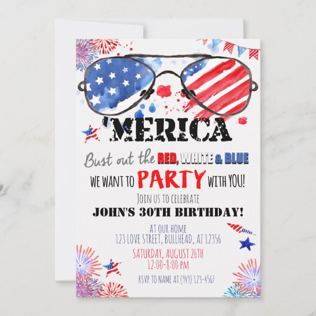 Invitation 'Merica Patriotic Rouge Blanc et Bleu Anniversaire (Devant)