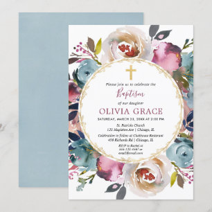 Invitation Merlot bleu marine bordeaux Baptême floral