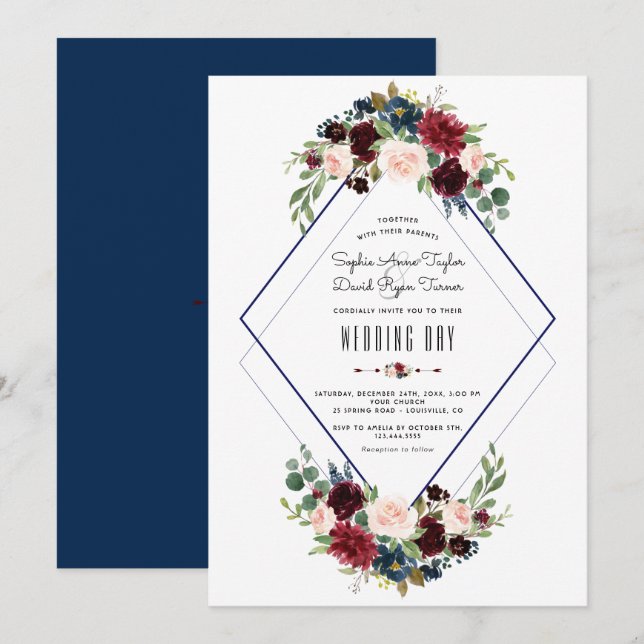 Invitation Merlot géométrique moderne Marine bleu Mariage flo (Devant / Derrière)