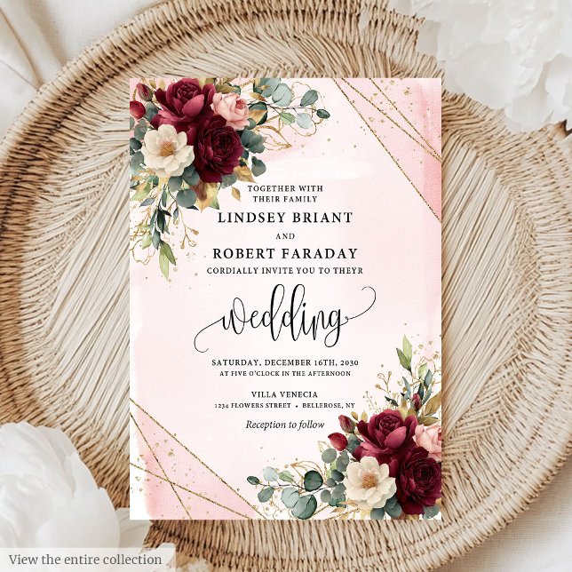 Invitation Merlot minimal or flush Fleurs Mariage moderne (Minimal Merlot Gold Blush Flowers Modern Wedding Invitation)