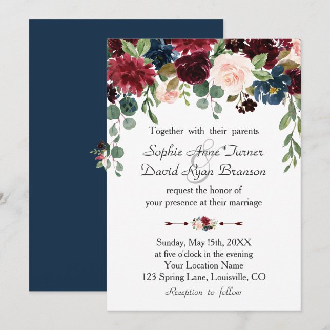 Invitation Merlot romantique Marine bleu Mariage floral (Devant / Derrière)