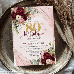 Invitation Merlot vintage Blush Gold Flowers 80e anniversaire