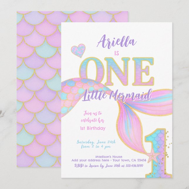 Invitation Mermaid 1er anniversaire (Devant / Derrière)