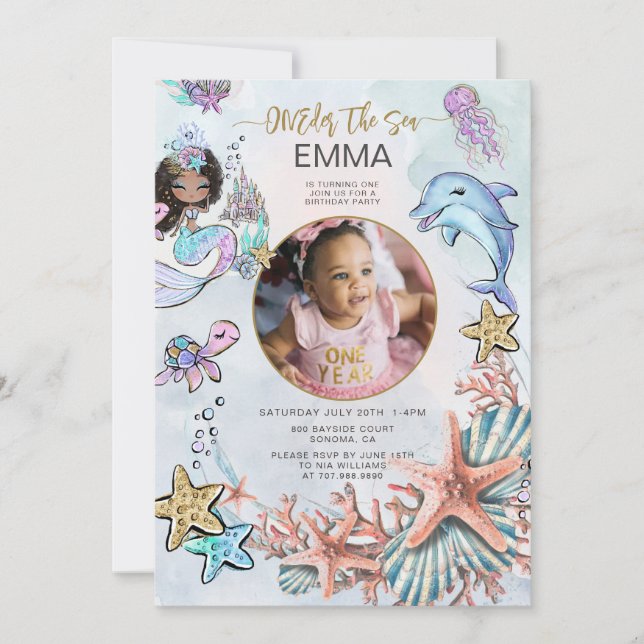 Invitation Mermaid 1er Anniversaire de la fête Photo ONE der  (Devant)
