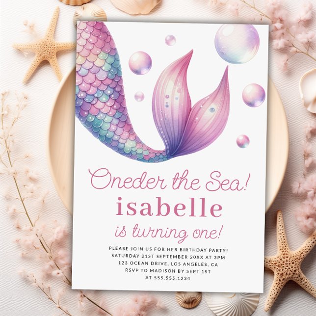 Invitation Mermaid 1er Anniversaire Fête Autour De La Sea Gir (Mermaid 1st Birthday Party Oneder The Sea Girl Invitation)