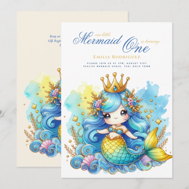 Invitation Mermaid 1er anniversaire ou EDIT AGE Or TurquoiseB (Devant / Derrière)