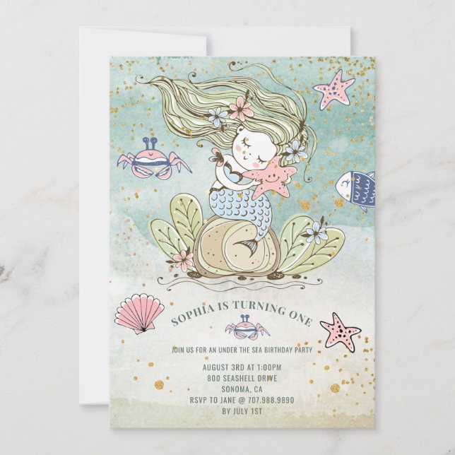 Invitation Mermaid 1er fête d'anniversaire (Devant)