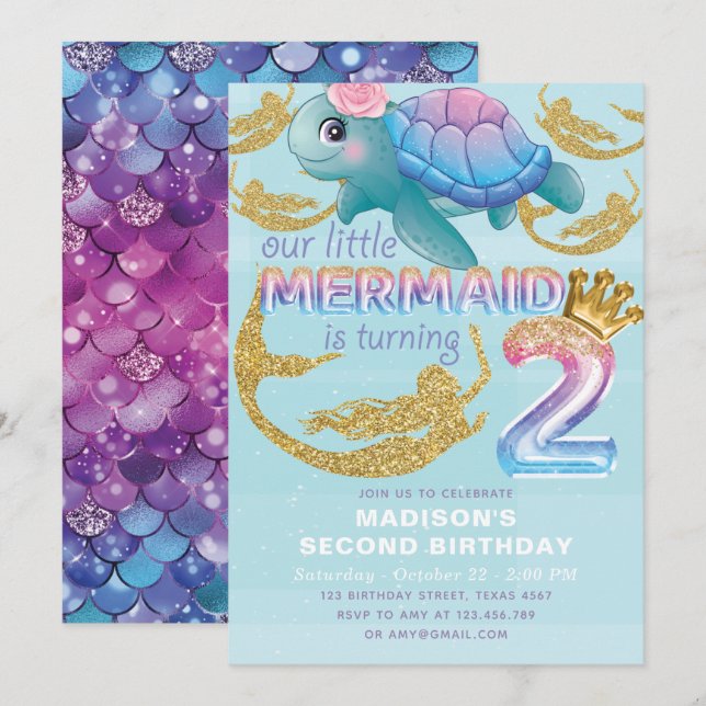 Invitation Mermaid 2e anniversaire Pink Blue Gold Parties sci (Devant / Derrière)