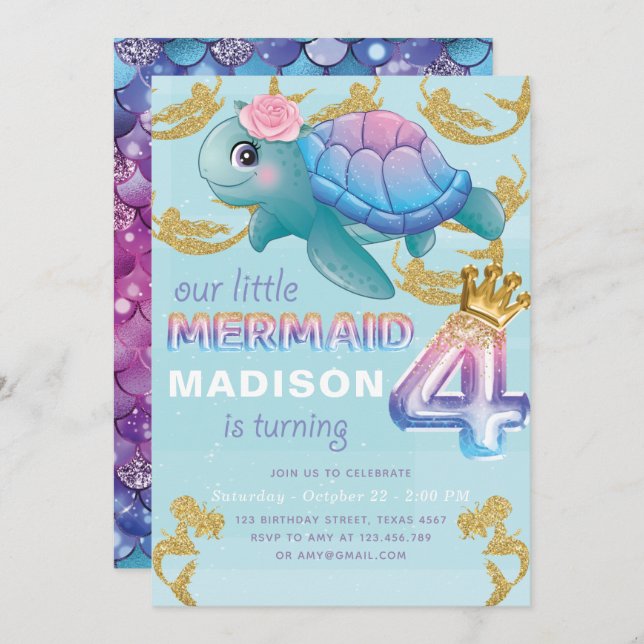 Invitation Mermaid 4e anniversaire Pink Blue Gold Parties sci (Devant / Derrière)