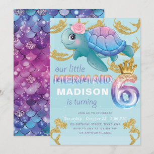 Invitation Mermaid 6e anniversaire Pink Blue Gold Parties sci