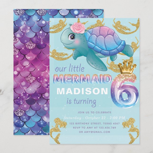 Invitation Mermaid 6e anniversaire Pink Blue Gold Parties sci (Devant / Derrière)