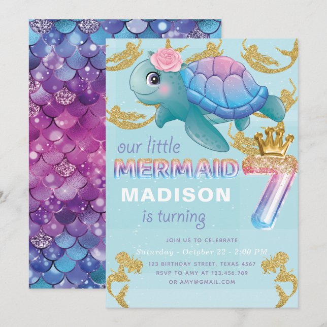 Invitation Mermaid 7e anniversaire Pink Blue Gold Parties sci (Devant / Derrière)