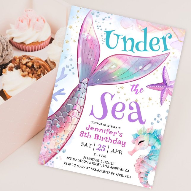 Invitation Mermaid 8e anniversaire sous la mer rose violet (Créateur téléchargé)