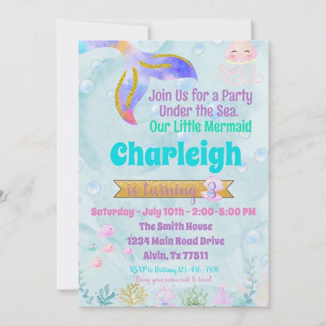 Invitation Mermaid Anniversaire de la fête Pool Initiation de (Devant)