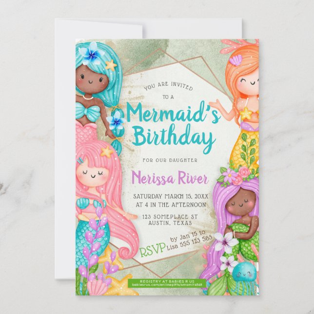 Invitation Mermaid Anniversaire thème Mignonne Caricature Mer (Devant)