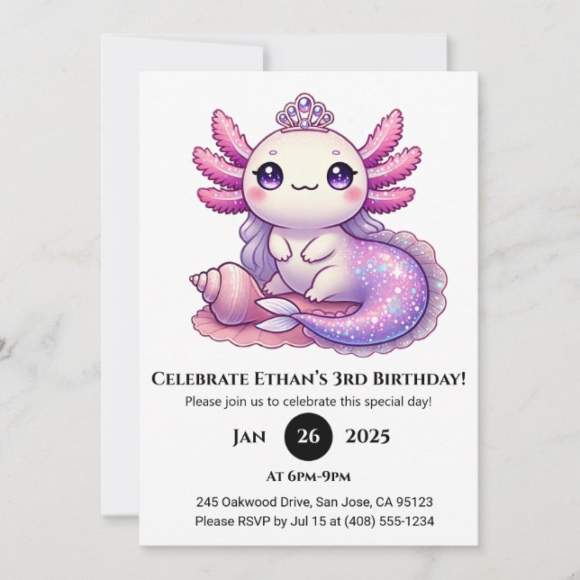 Invitation Mermaid Axolotl Princess Anniversaire (Devant)