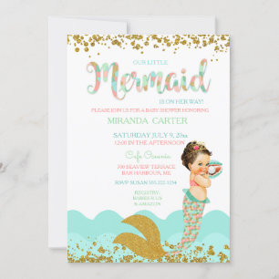 Invitation Mermaid Baby Girl Peach Coral Mint Gold