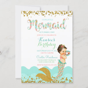 Invitation Mermaid Baby Girl Peach Coral Mint Gold