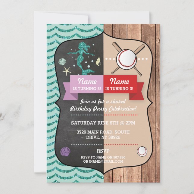 Invitation Mermaid & Baseball Joint Boy Girl Anniversaire Inv (Devant)