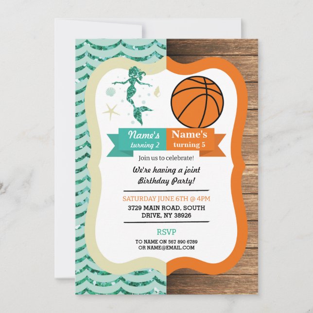 Invitation Mermaid & Basketball Joint Boy Girl Anniversaire (Devant)