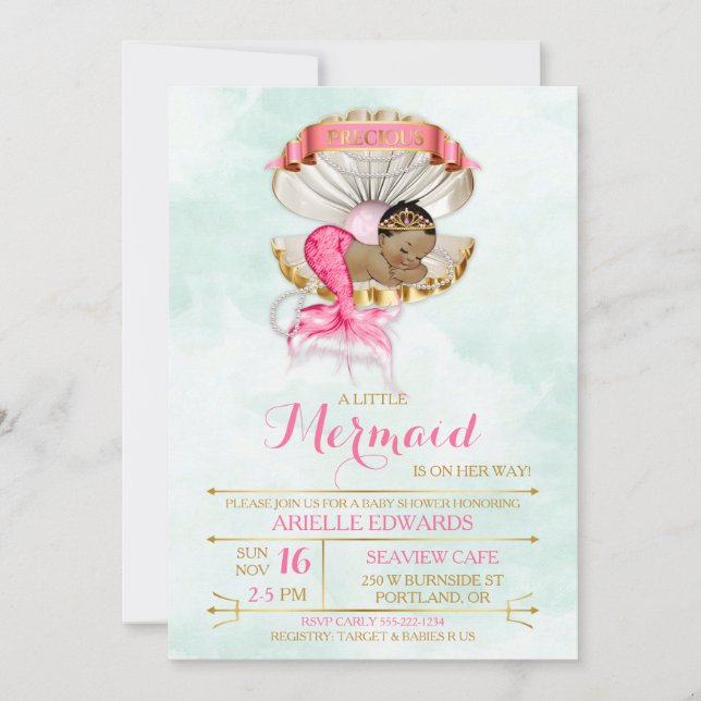 Invitation Mermaid Bébé Clam Shell Tiara Africain-Américain (Devant)