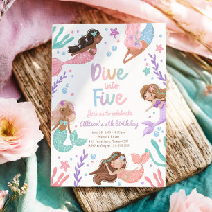 Invitation Mermaid Dive into Five Pool Party 5e anniversaire