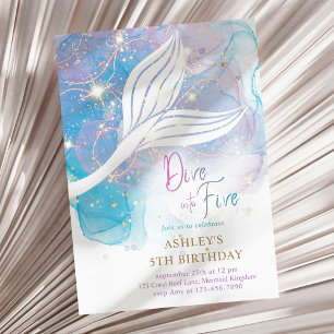 Invitation Mermaid Dive into Five Watercolor 5e anniversaire