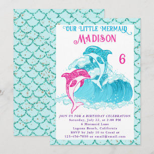 Invitation Mermaid Dolphin Bleu Mer Océan Aqua fête d'anniver